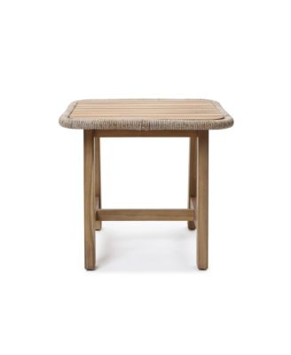  Outdoor Side Table, Acacia Wood Patio End Table with Woven Wicker Trim, Small Outdoor Accent Tables for Patio, Balcony, Garden