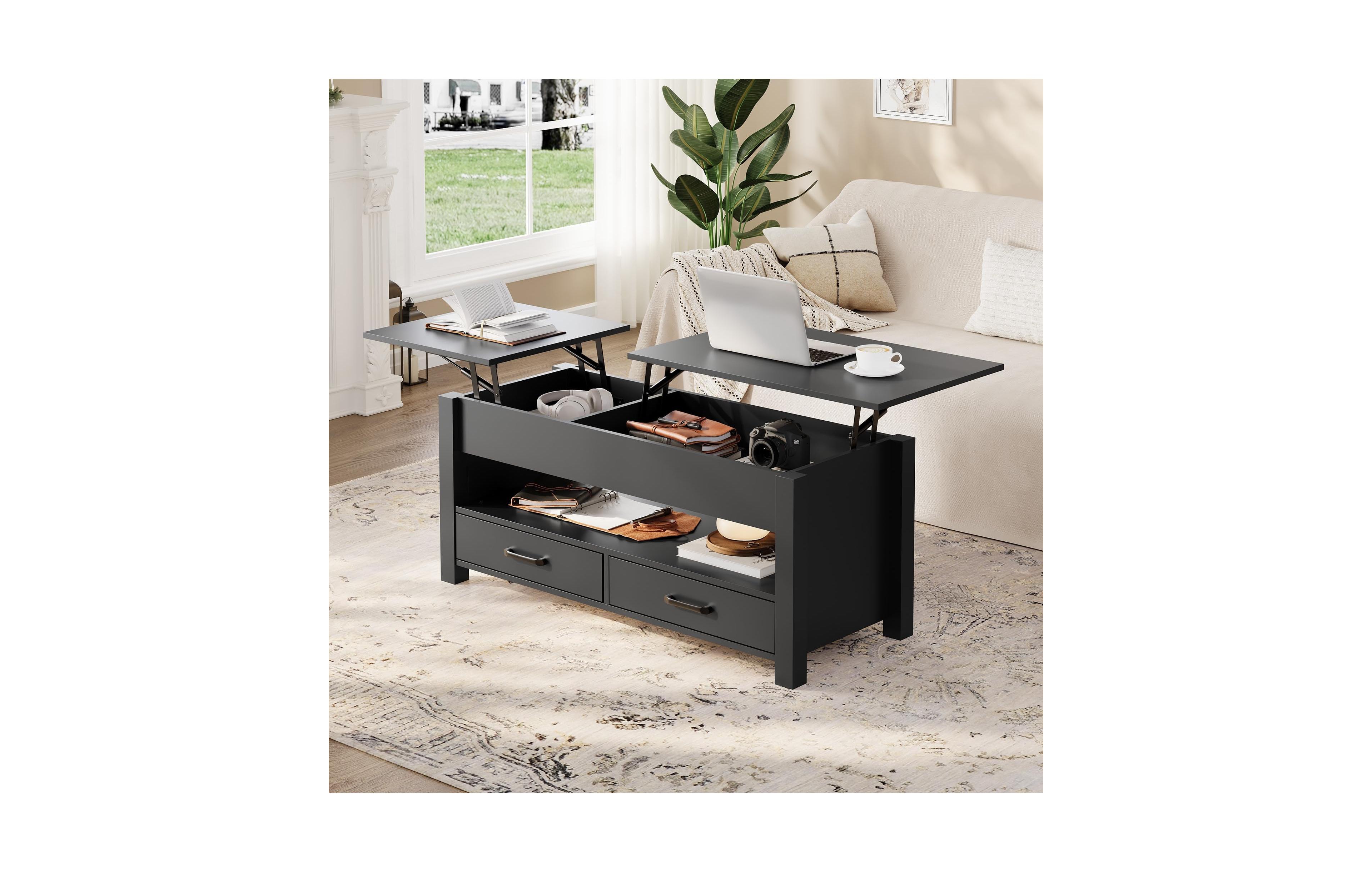homfan Lift Top Coffee Table with Hidden Storage, 47" Farmhouse Center Two Drawers and Adjustable Wooden Tabletop for Living Room
