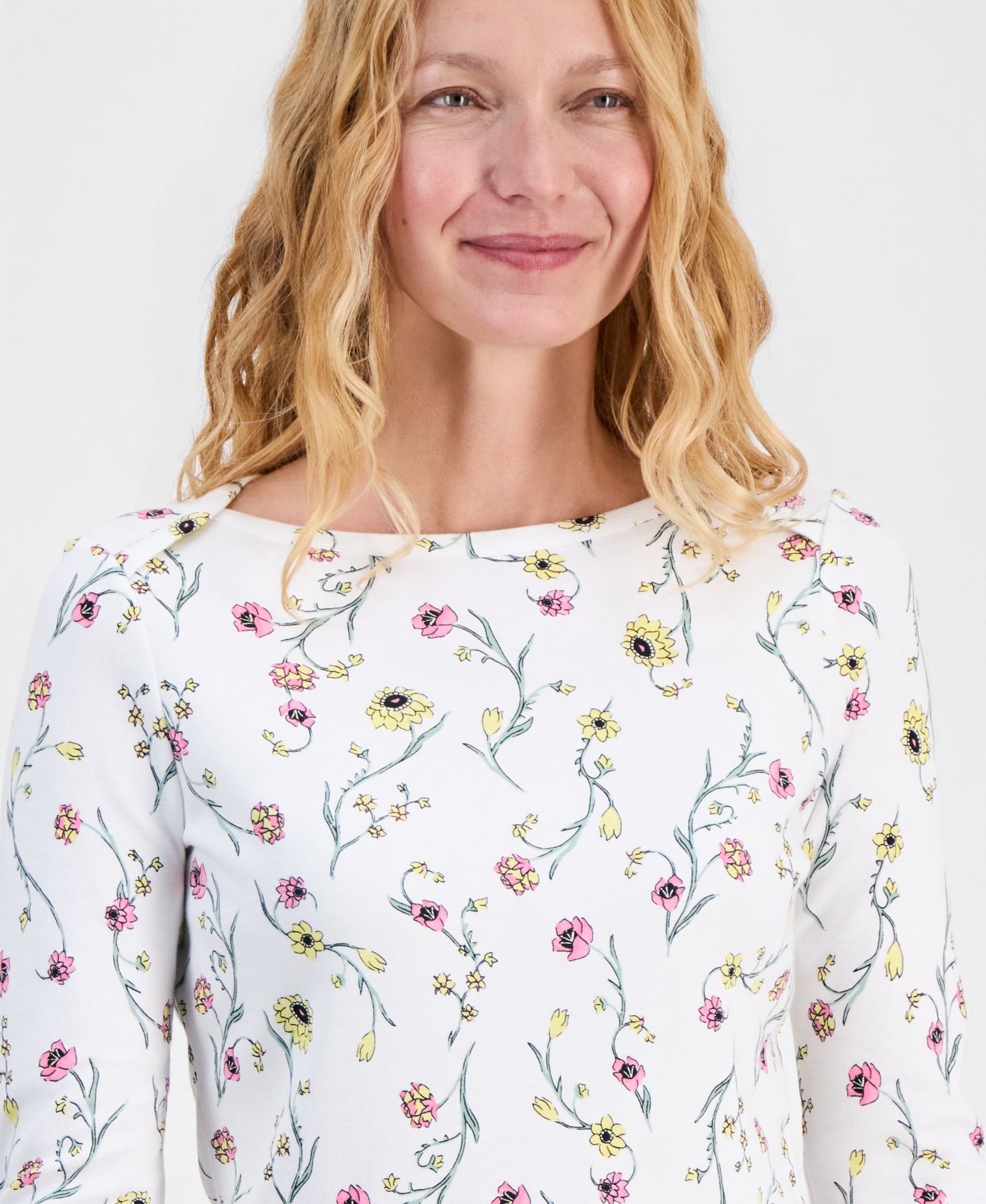 Женский топ Style & Co Printed Pima Cotton 3/4 Sleeve Boat-Neck Top, цвет: Яркий белый — фото 2