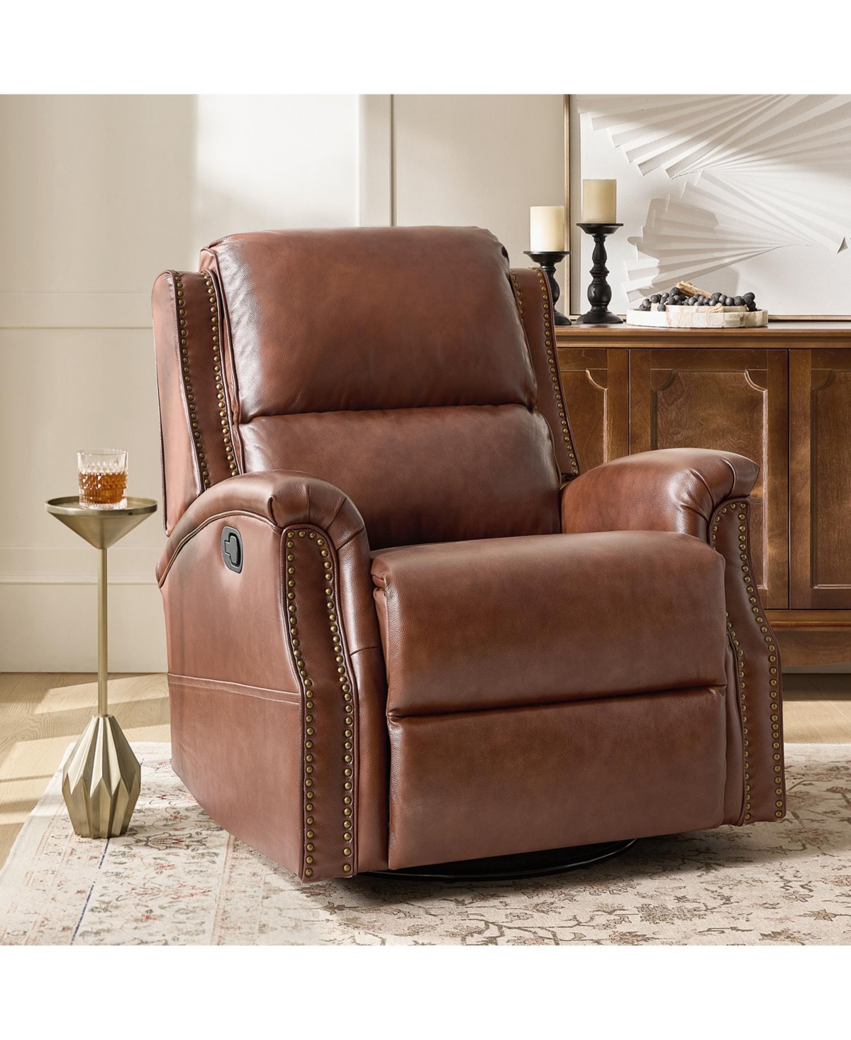 Hulala Home Felisa Traditional Swivel Rocker Manual Genuine Leather Recliner