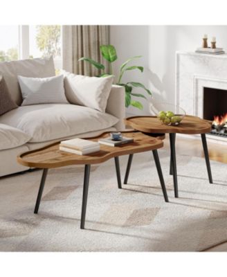 Nesting Coffee Table Set of 2, Solid Wood Coffee Tables with Cloud Tabletop
