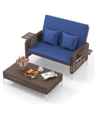 2 Piece Patio Rattan Daybed Wicker Loveseat and Ottoman with Adjustable Backrest