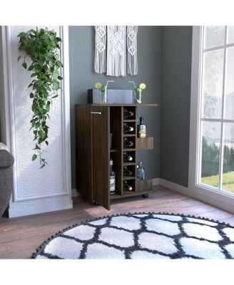 Dark Bar Cart with 4 Casters, Cabinet and 6 Bottle Cubbies
