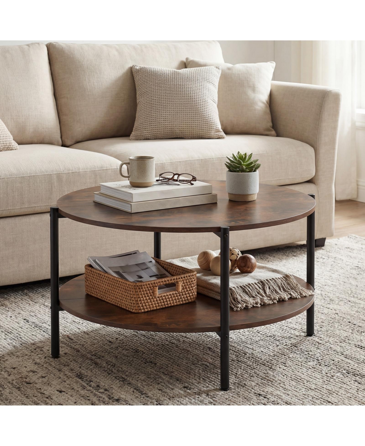 Gouun 33.5 in Round 2-Tier Industrial Coffee Table with Open Shelf and Metal Frame