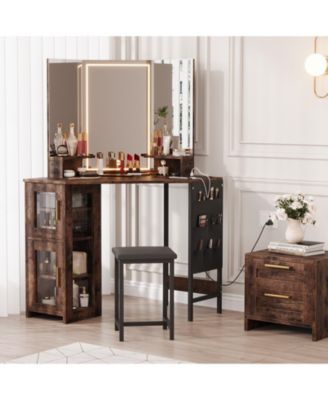 Space-Saving Corner Vanity Desk and Stool Set for Bedroom - Lighted Mirror, Charging Station, Storage Cabinet