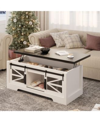  47 Inch Farmhouse Lift Top Coffee Table with Sliding Barn Doors, Spacious Hidden Storage, Rectangle Entryway Cabinet
