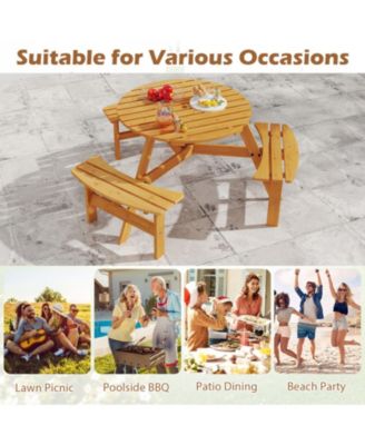 6-Person Round Picnic Table Set with 3 Built-in Benches and Umbrella Hole