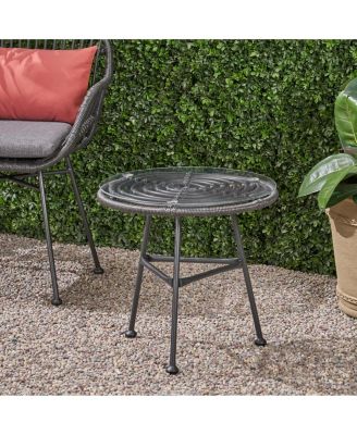 Outdoor Side Table with Tempered Glass Top and Faux Rattan