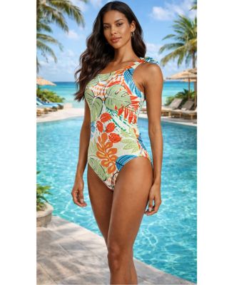 Women's Tropical Print One-Shoulder One-Piece Swimsuit - Asymmetrical Resort Swimwear for Beach, Pool, Cruise and Vacation Travel