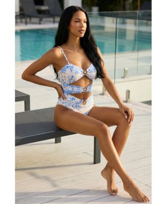 Women's Blue Floral Cut-Out One Piece Swimsuit - Elegant Resort Swimwear