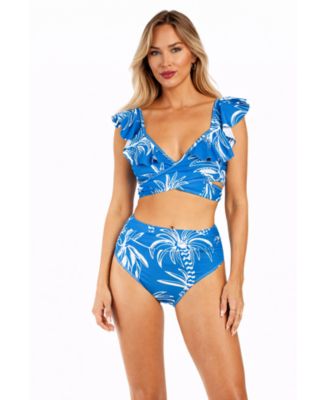 Women's Blue Tropical Ruffle Bikini Set - V-Neck Wrap Top and High-Waisted Bottom Luxury Resort Swimwear