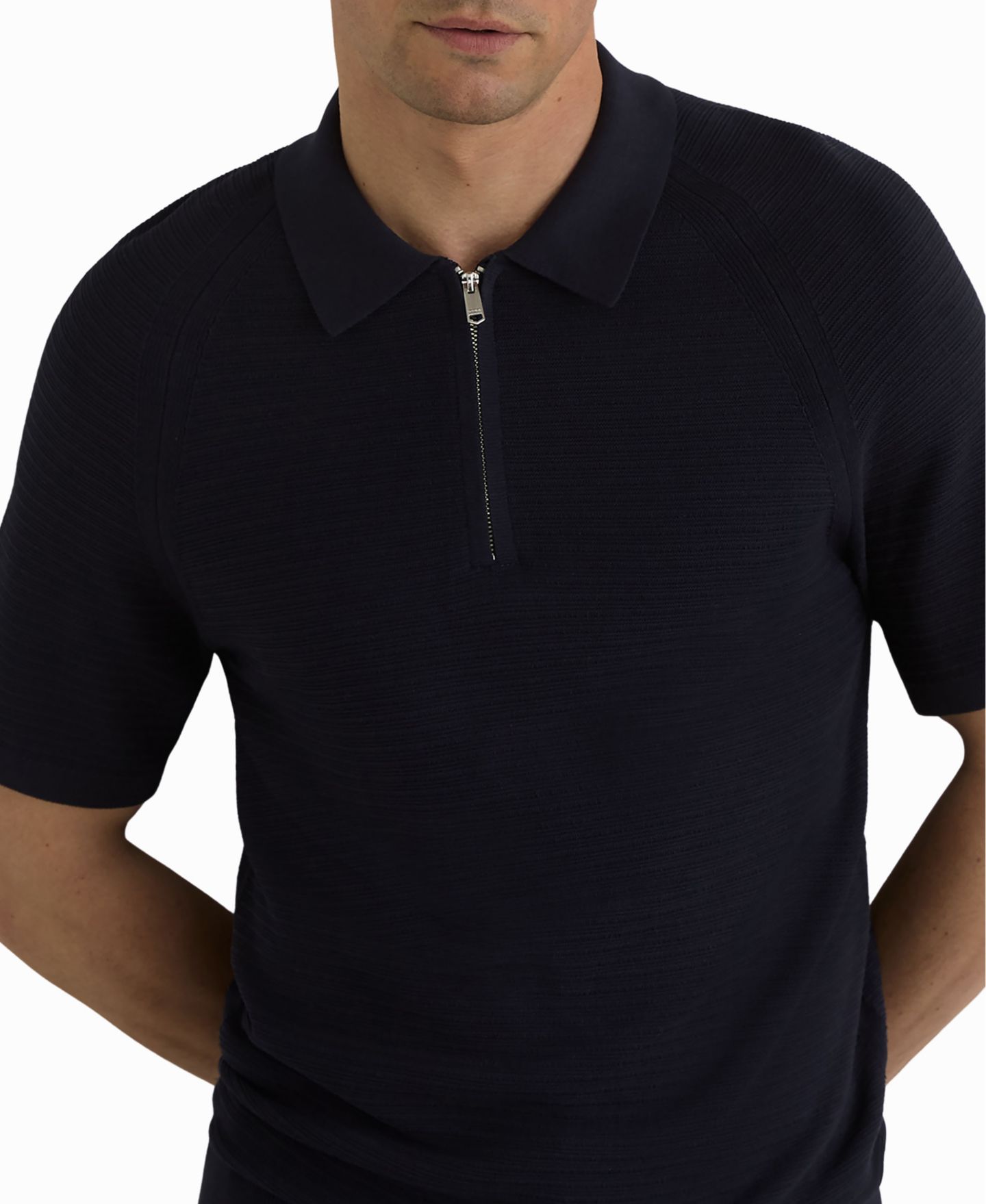 Мужское поло REISS Estate Textured-Knit Half-Zip Polo Shirt, цвет: Тёмно-синий — фото 1