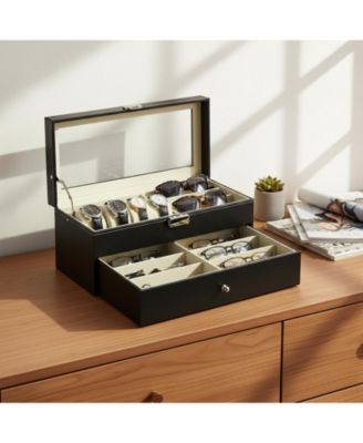 Leather 6 Watch Box 9 Eyeglasses Storage Lockable Organizer Two Levels Clear Glass Top