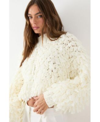 Women's Zip Up Cream Fringe Loop Cardigan