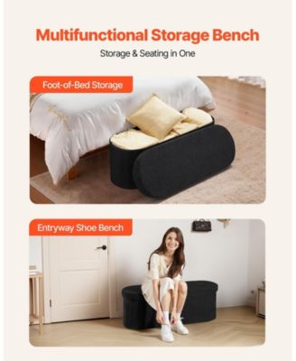 Oval Storage Ottoman Bench, Foldable Teddy Fleece End of Bed Bench, 660 lbs Capacity