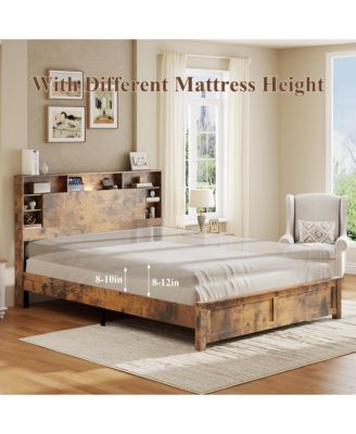 Bed Frame with Storage Headboard, Wood Platform Bed Frame with Charging Station