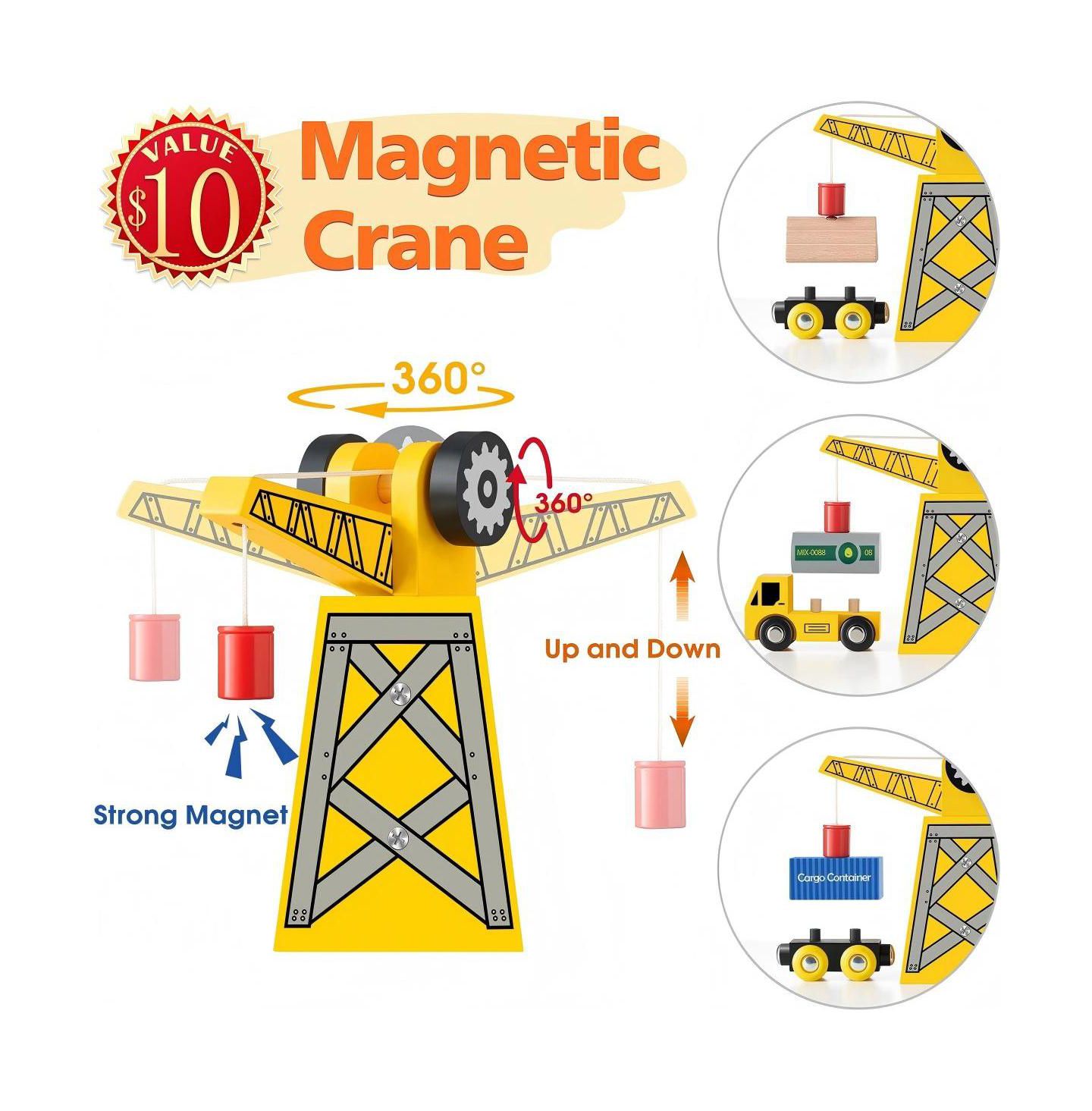Детские игрушки Tiny Land Working Crane 55-Piece Wooden Track Trains Set — фото 4
