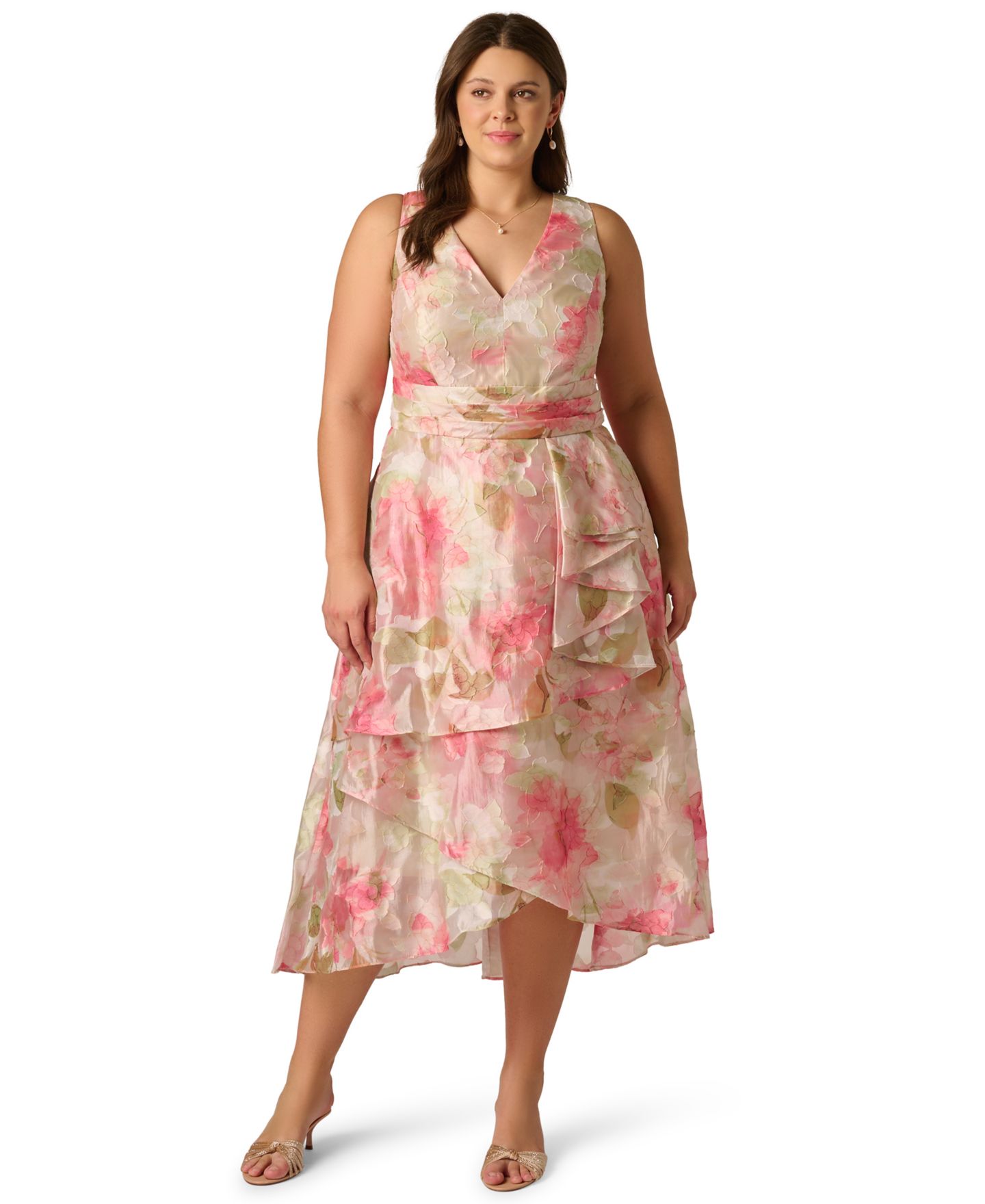 Женское платье Adrianna Papell Plus Size Cascade Organza V-Neck Midi, цвет: Шалфейный разноцветный — фото 1