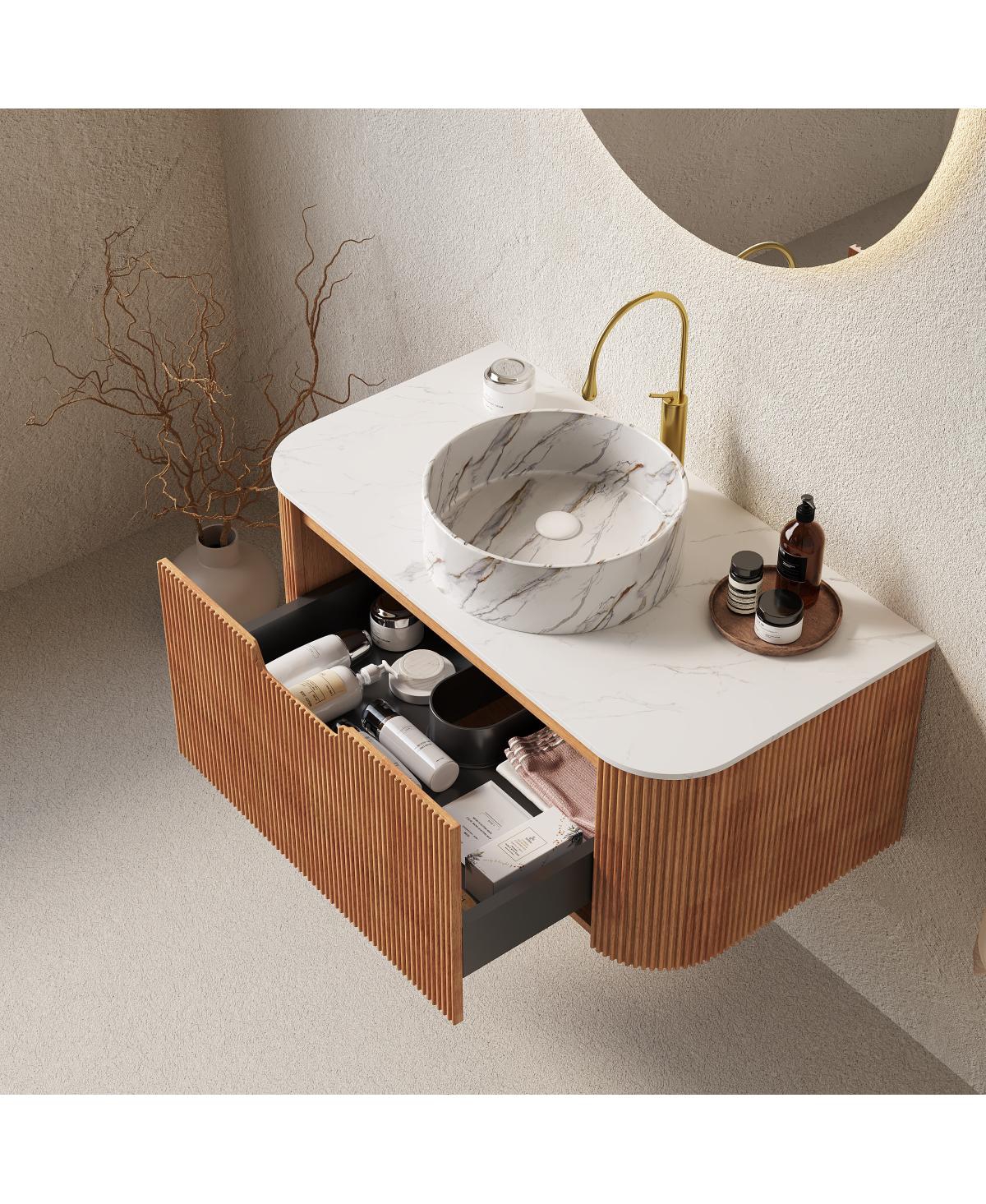 Sillysis Modern Bathroom Vanity with Stone Pattern Ceramic Basin, 3D Striped Wood Drawer, Wall Mounted Storage Cabinet
