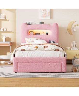 Upholstered Bed Frame with Storage Headboard, LED Lights, Charging Station and Drawer