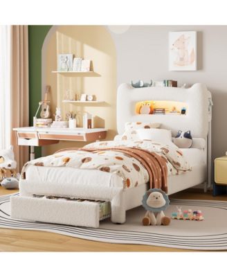 Upholstered Bed Frame with Storage Headboard, LED Lights, Charging Station and Drawer