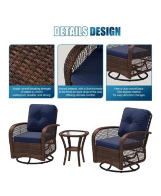 Indoor Swivel Glider Chair 3 Piece Set Wicker Rattan Living Room Furniture with Glass Top Side Table