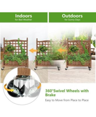 32 Inch Wooden Planter Box with Trellis and Wheels, Raised Garden Bed