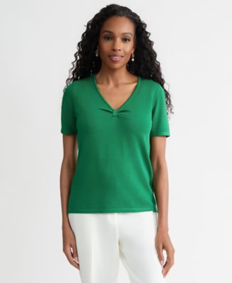 Women's Gathered V-Neck Short-Sleeve Sweater