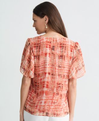 Women's Plaid Tulip-Sleeve Blouse