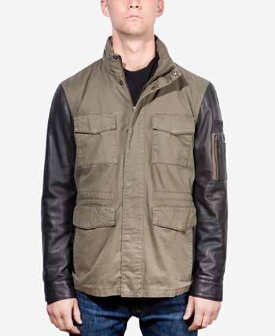 Boston Harbour Vintage Men's Mixed-Media Leather-Sleeve Stand-Collar Jacket