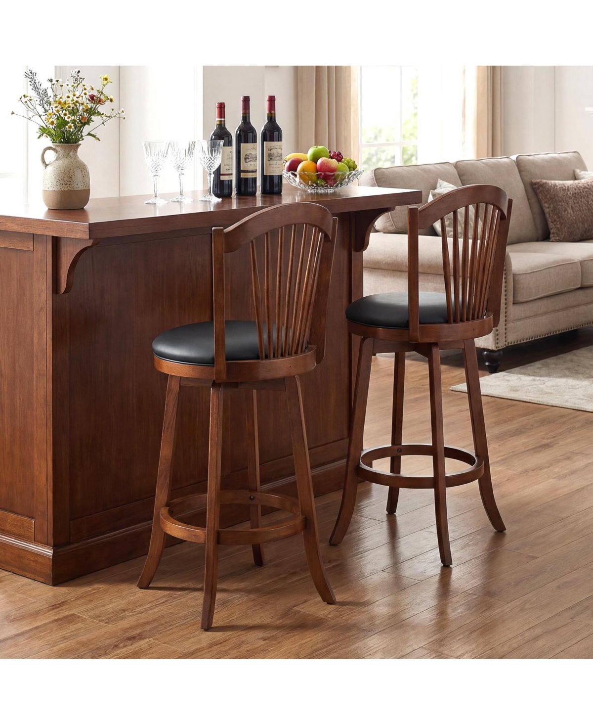 Set of 2 Swivel Bar Stools with Back Support