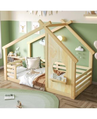 Wood Floor Bed with House Frame and Shelf