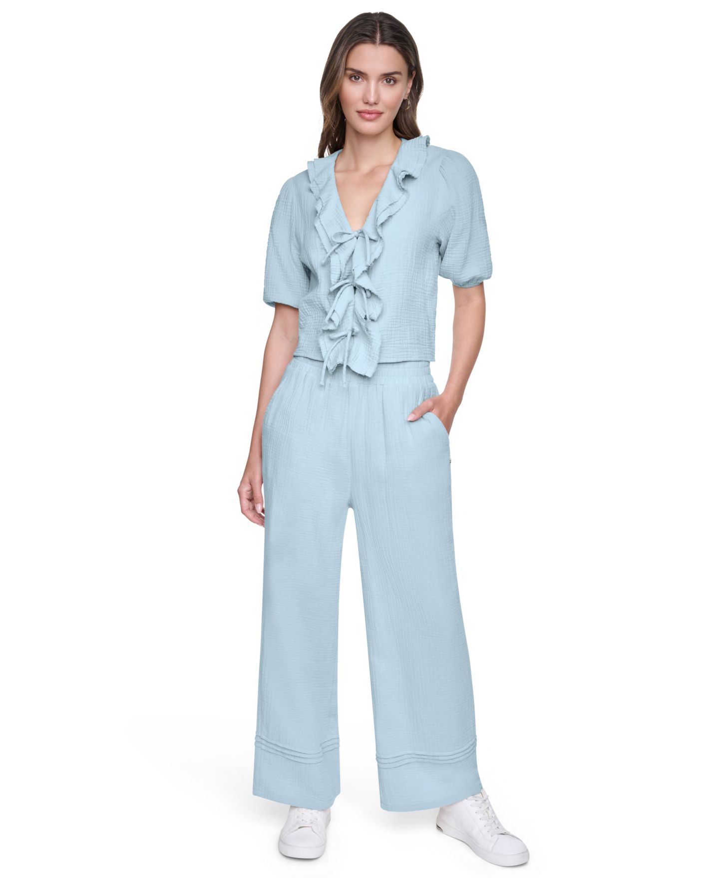 Женская рубашка DKNY Jeans Petite V-Neck Short Puff-Sleeve Tie-Front, цвет: Минеральный — фото 2
