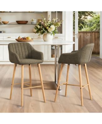 Modern Bar Stools Set of 2 - Linen Fabric Upholstered Counter Height Chairs with Back, Footrest and Solid Wood Legs for Kitchen Island