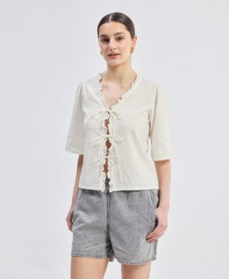 Women's Relaxed Fit Top With Ruffles and Front-Ties in Cream