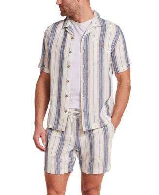Men's Short-Sleeve Button Down Vertical Stripe Linen Camp Collar Shirt