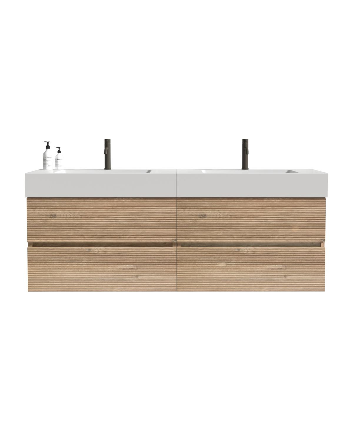 Sillysis Mid-Century Modern Bathroom Vanity with Oak Grille Double Drawers