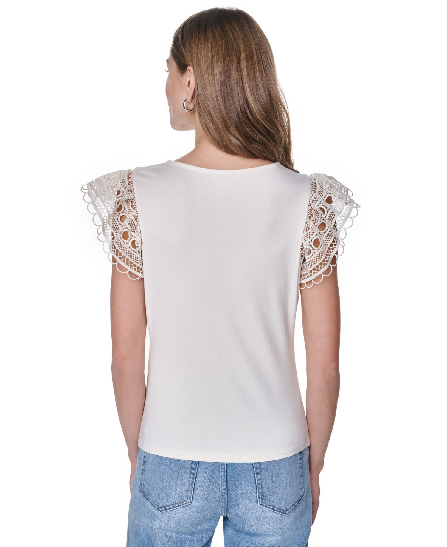Women's V-Neck Lace Trim Gathered Top