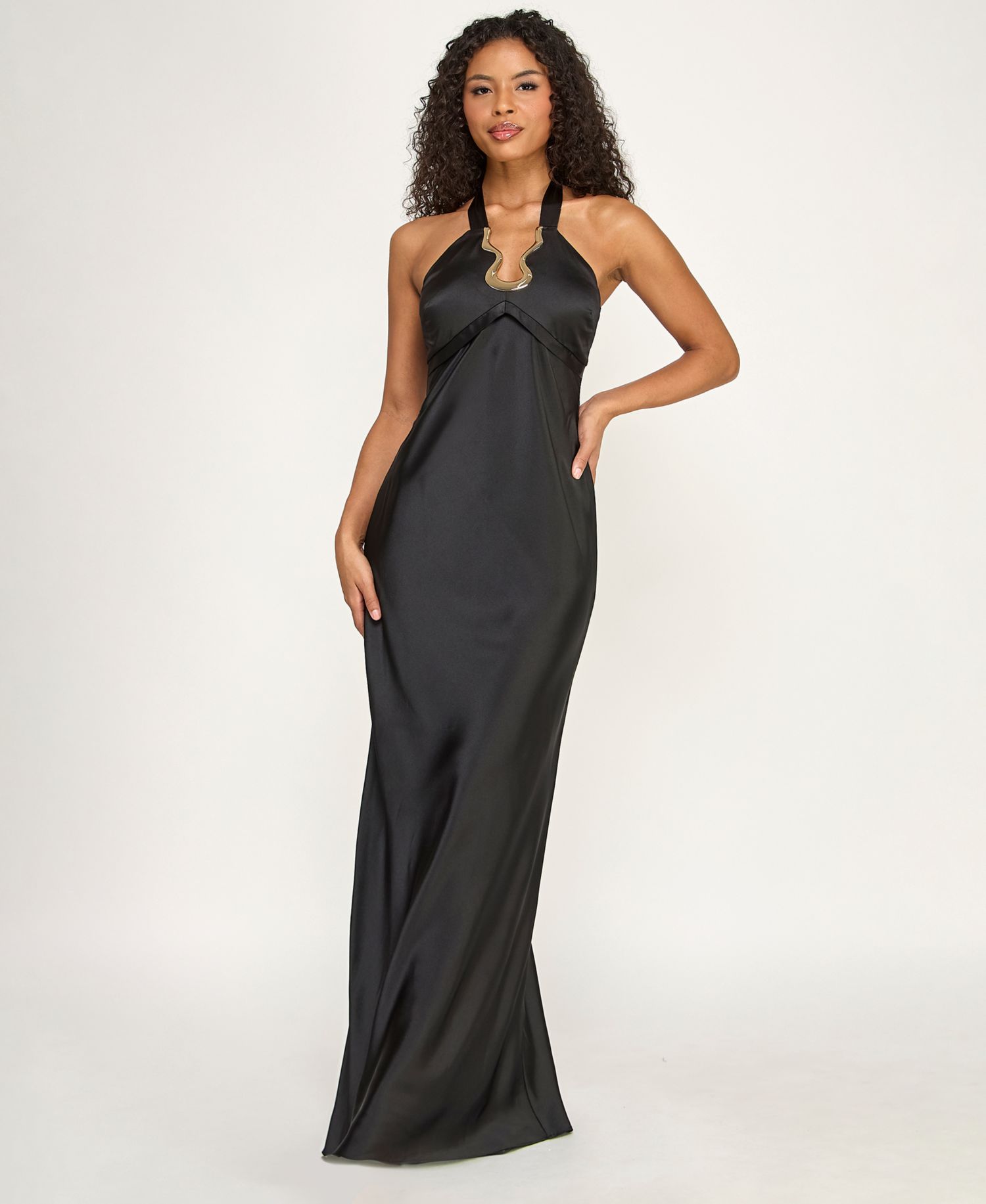 Juniors' Halter Neck Hardware Trim Satin Long Gown