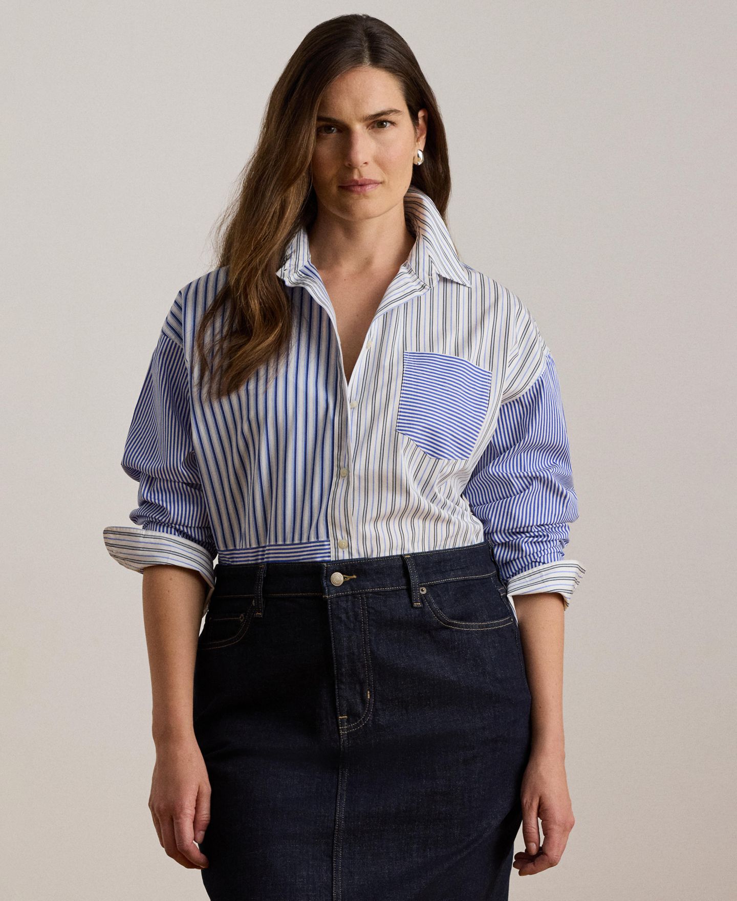 Женская рубашка Lauren Ralph Lauren Spread Collar Striped Broadcloth, цвет: Синий / Белый разноцветный — фото 2