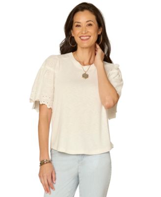 Petite Puff-Sleeve Crewneck Shirttail Hem Knit Top