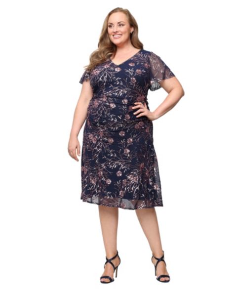 Женское платье SL Fashions Plus Size Tea Length Stretch V-Neck, цвет: Тёмно-синий пудровый