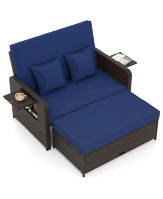 Outdoor Rattan Daybed Loveseat with 4-Position Backrest and Retractable Side Trays