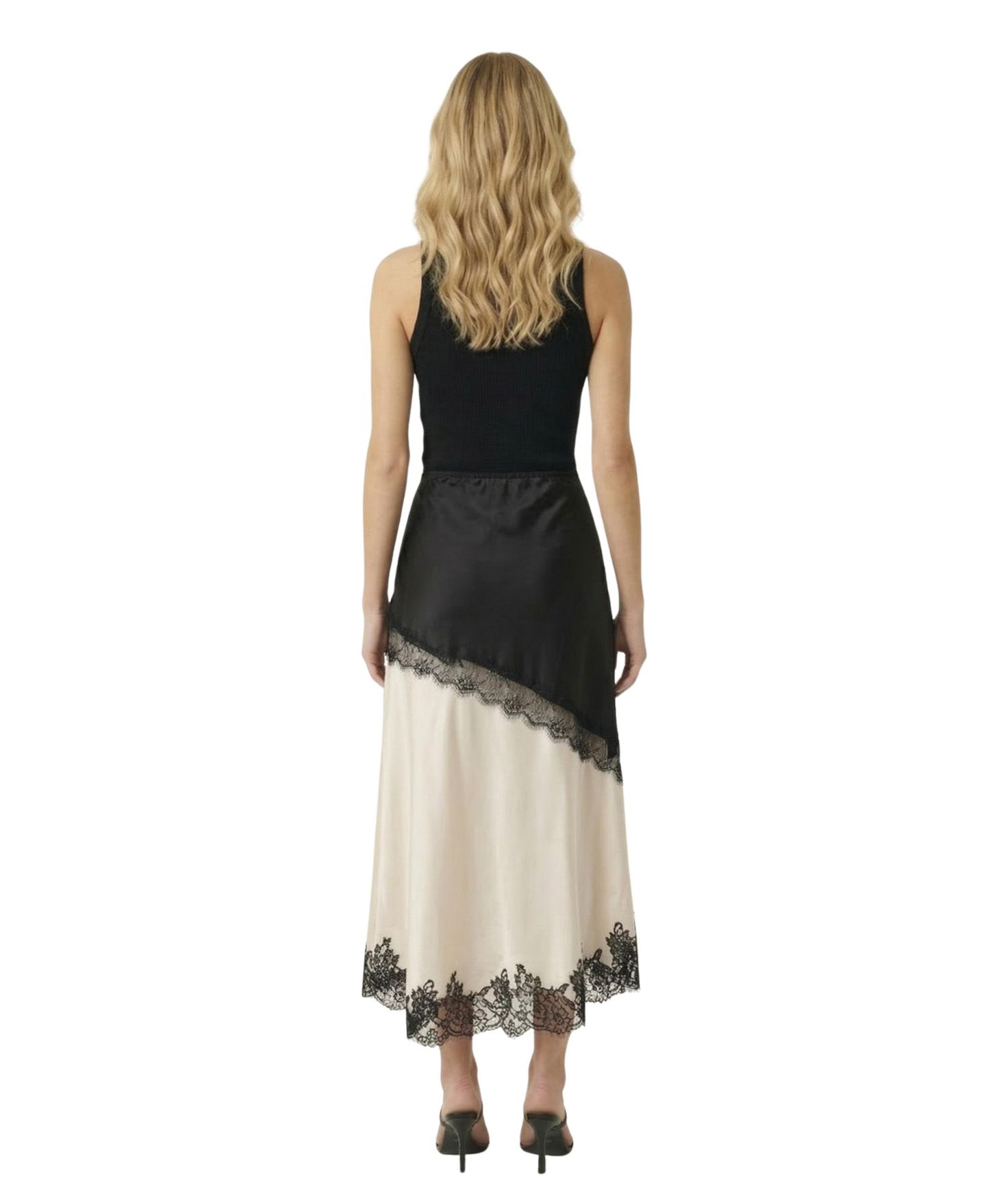 Женская юбка Modenaire Lace-Trim Asymmetric Satin Midi, цвет: Бежевый — фото 2