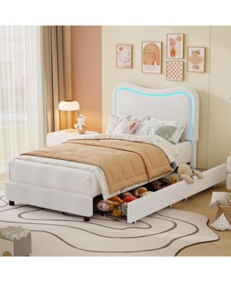 Boucle Upholstered Bed Frame with 2 Storage Drawers, LED Headboard and Wood Slats, Available