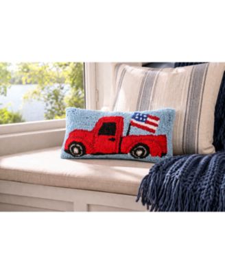 Patriotic Retro Red Pickup Truck w/ Waving American Flag Hooked Small/Petite Accent Pillow