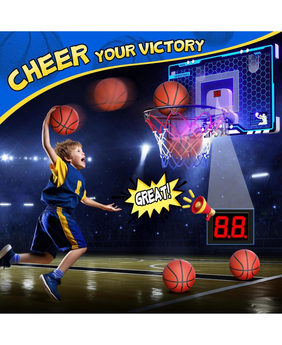 HopeRock Indoor Mini Basketball Hoop for Kids, Basketball Hoops Over The Door with Led Lighting