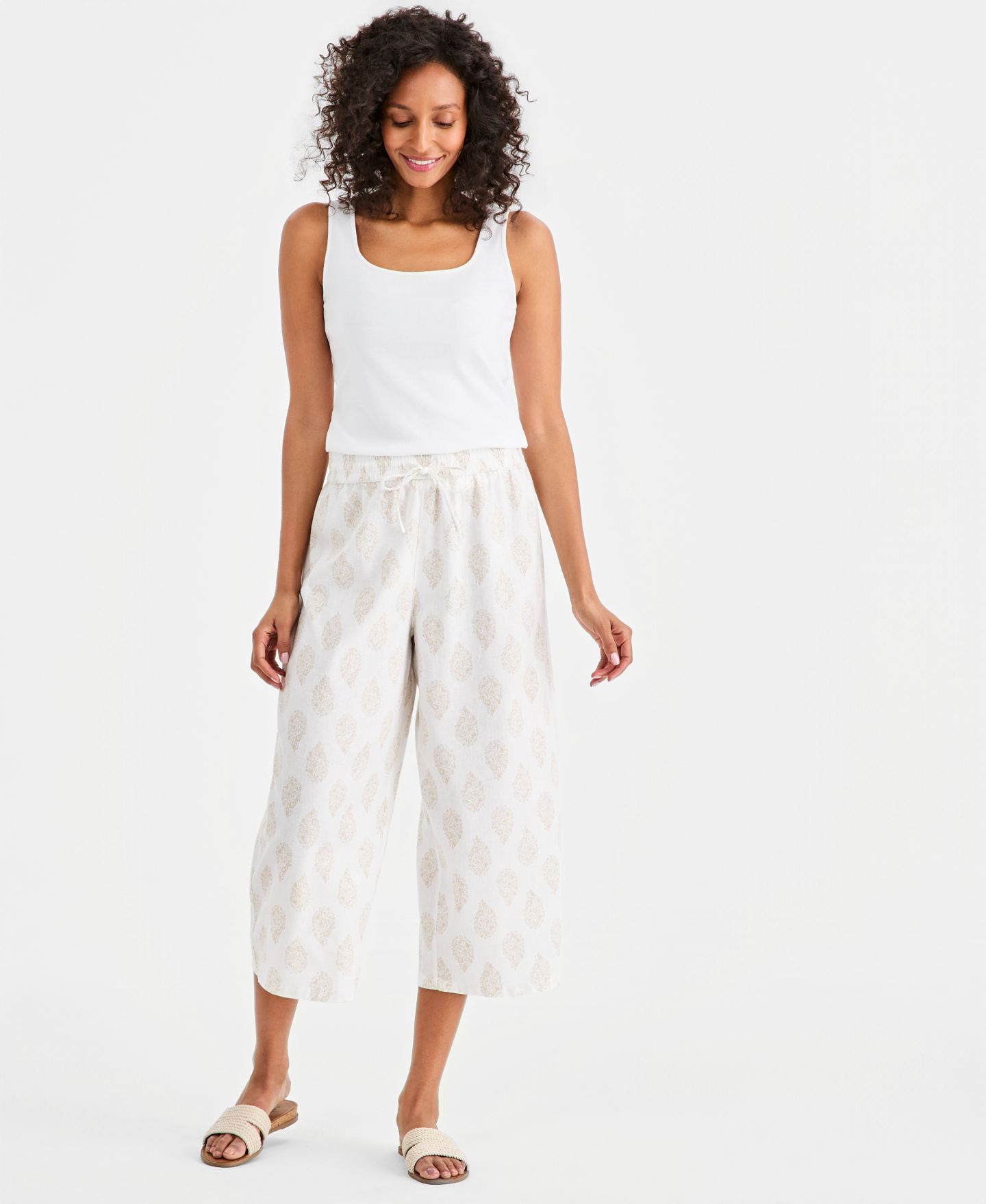 Женские брюки Style & Co Printed Linen Wide-Leg Capri, цвет: Яркий белый — фото 1