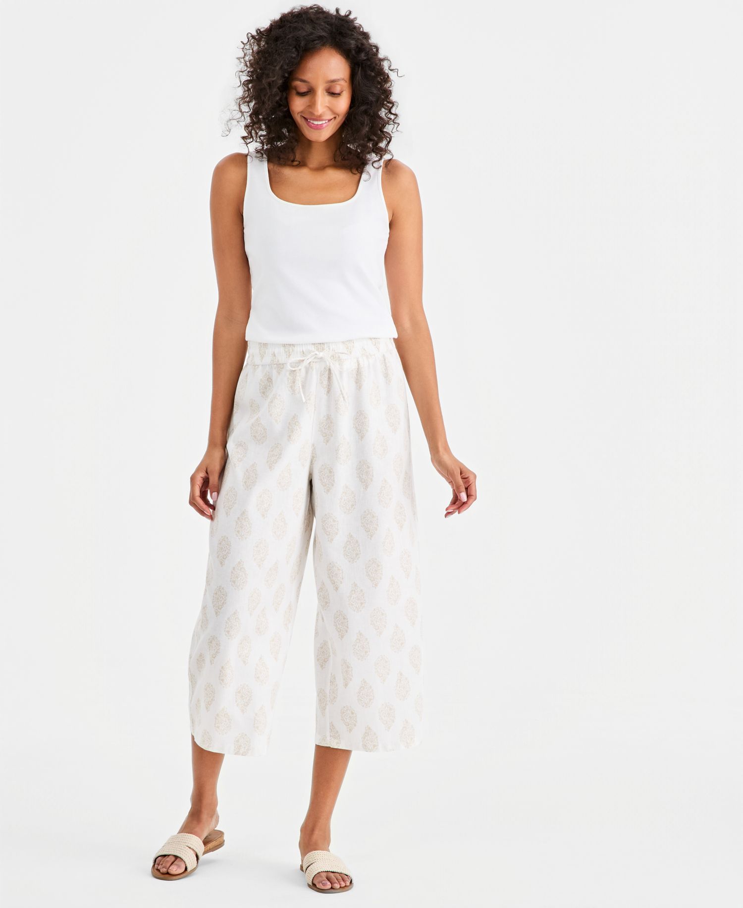 Women's Printed Linen Wide-Leg Capri Pants