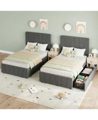 Set of 2 Twin Upholstered Bed Frames with Adjustable Headboard and 2 Drawers, Linen Platform